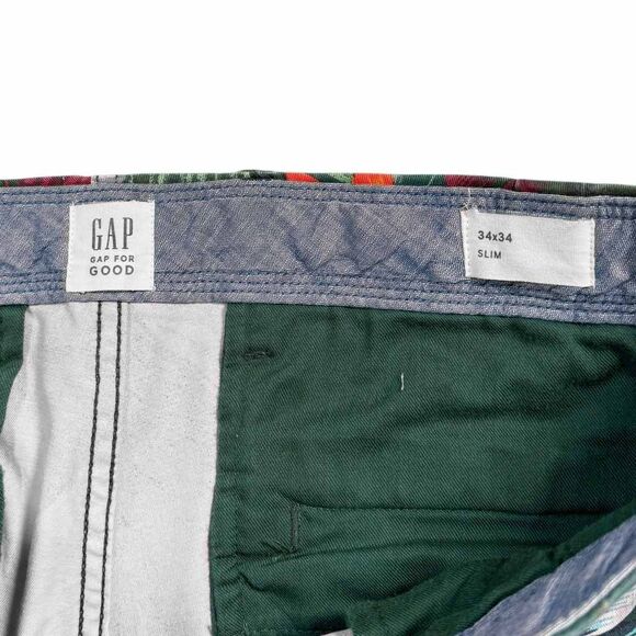 GAP Mens Chino Pants 34x34 Green Floral Slim Flat Front Casual Tropical Vacation - Picture 2 of 7